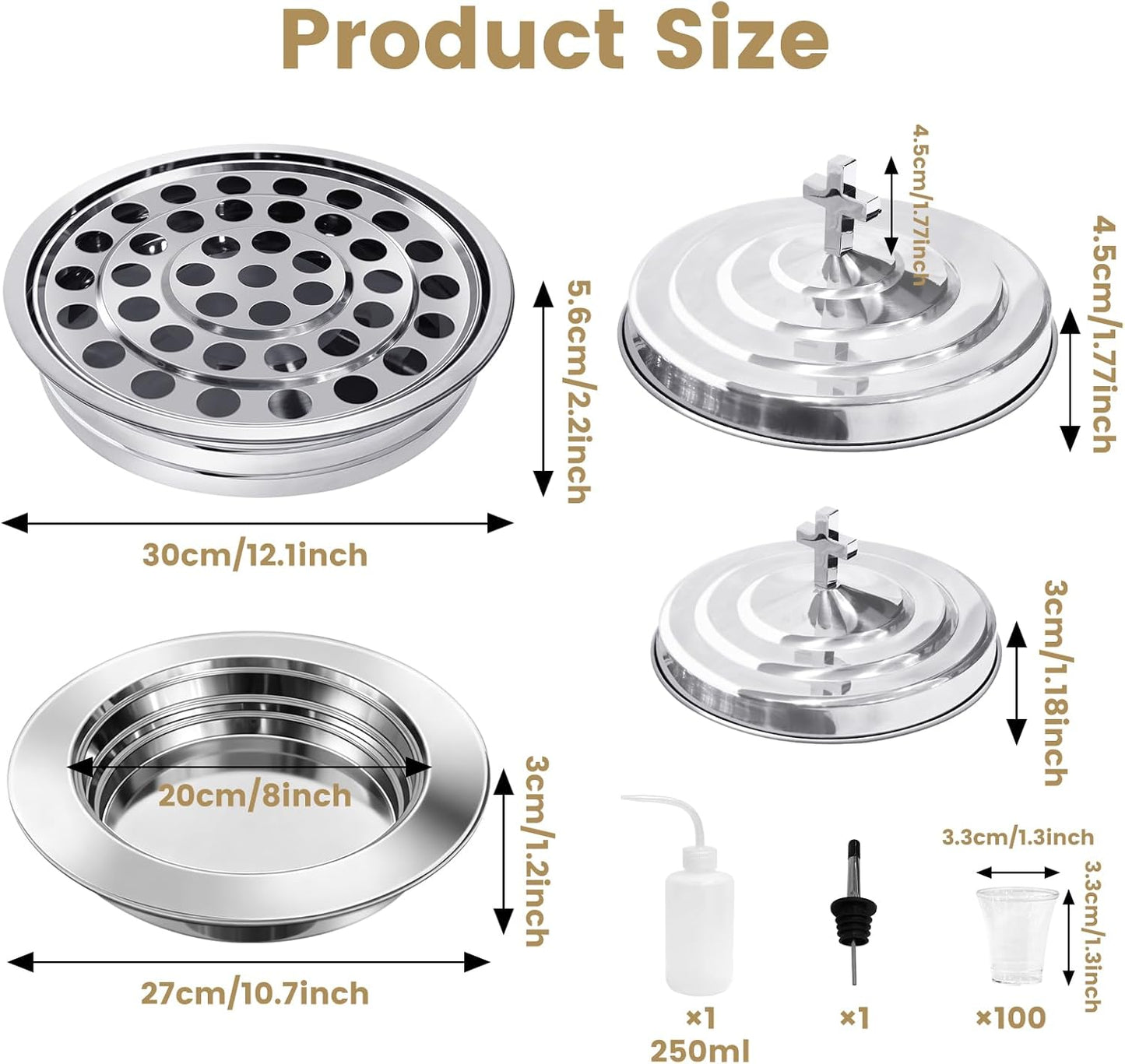 Communion Set Holy Trays,2Pcs Stainless Steel Communion Trays,Dining Set with Squeeze Bottle & Liquid Dispenser, Includes 100 Disposable Cups,for Church Service