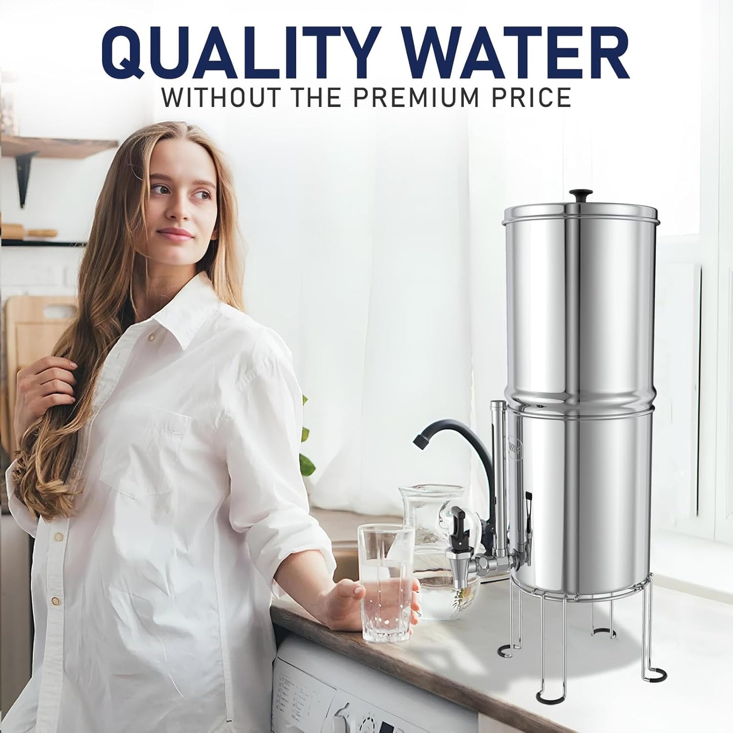 USWF Gravity Fed Water Filter - 2.25 Gal. Stainless Steel w/ 2 Carbon Filters, 2 Fluoride Filters, Portable Countertop Filtration System, Metal Sight