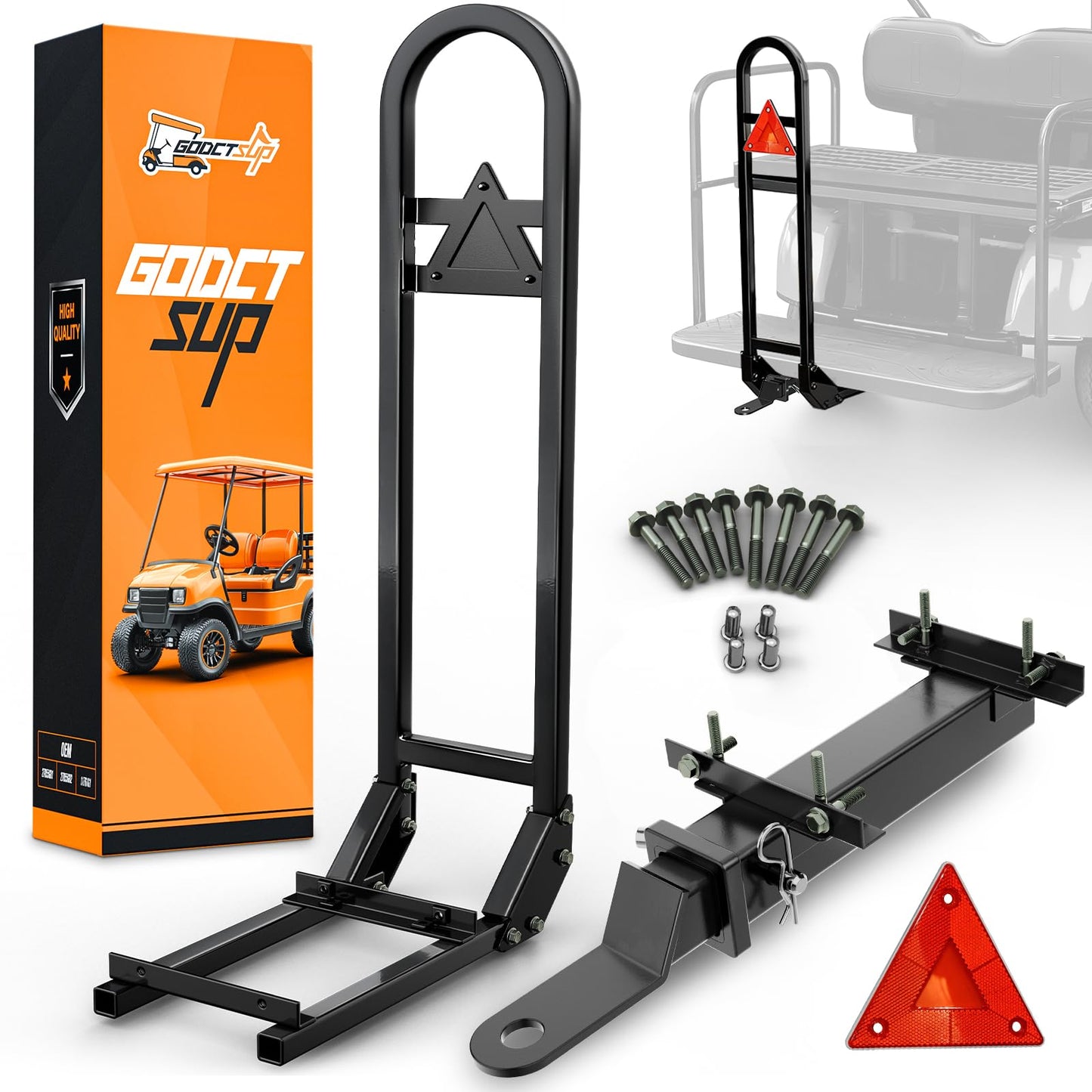 Golf Cart Trailer Hitch with Rear Seat Grab Bar, Fits Club Car EZGO Yamaha(2+2) /(4+2) Cart with Metal Footplates, Universal Golf Cart Safety Grab Bar & Tow Hitch, Detachable&Rust-Resistant | Detachable&Rust-resistant