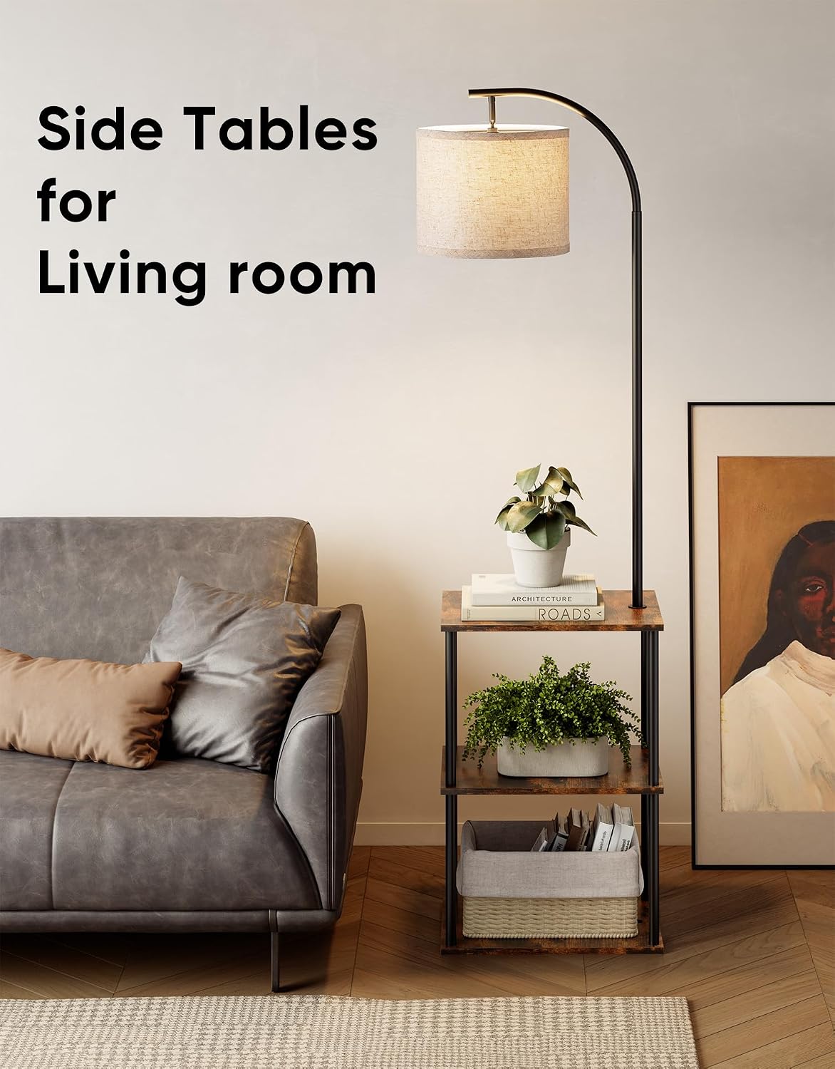 PARTPHONER Floor Lamp with Table 2 Pack, Night Stand with Lamp, Narrow Side Table with 3CCT LED Bulb, Small Coffee Table, Modern End Table with Storage Shelves for Living Room Bedroom Home Décor