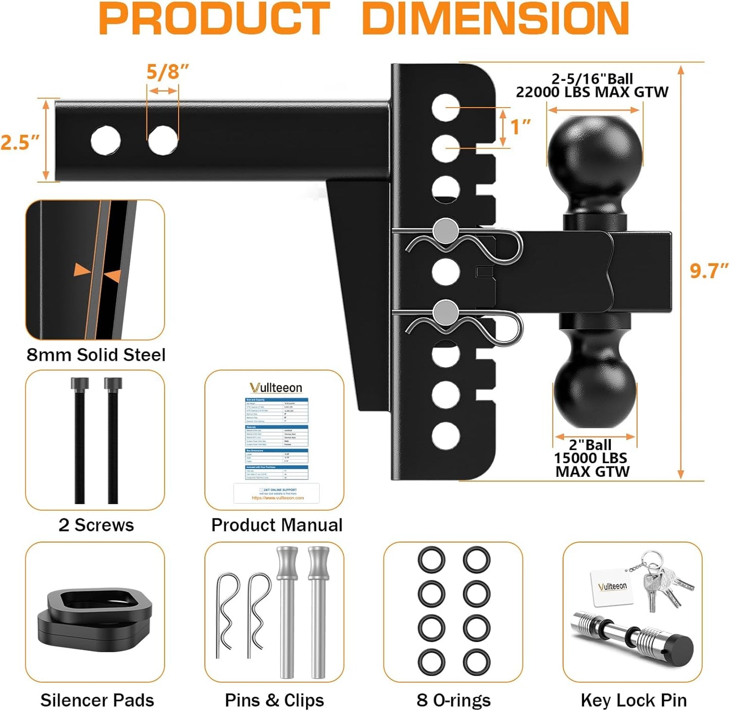 Adjustable Trailer Hitch, Drop Hitch for 2.5 Inch Receiver, Tow Hitch with 6 Inch Drop/Rise, 2" & 2-5/16" Ball Hitches for Trucks, 22,000 LBS GTW, Trailer Hitches with Anti-Theft Pin 2.5-6