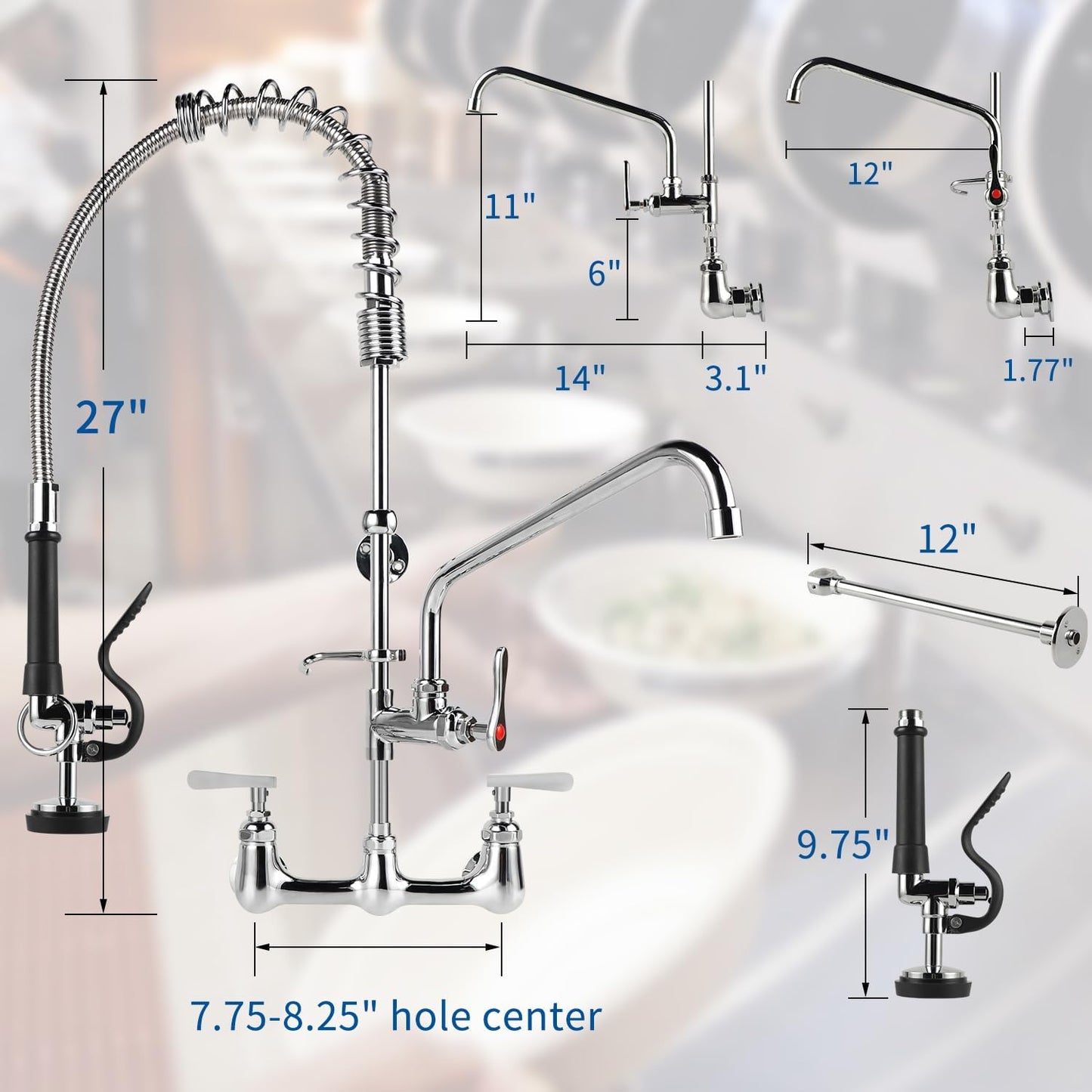 KWODE Commercial Kitchen Faucet with Pre Rinse Sprayer 8 Inch Center Wall Mount Sink Faucet 27' Height 12' Swivel Spout Pull Down Spray Faucet for