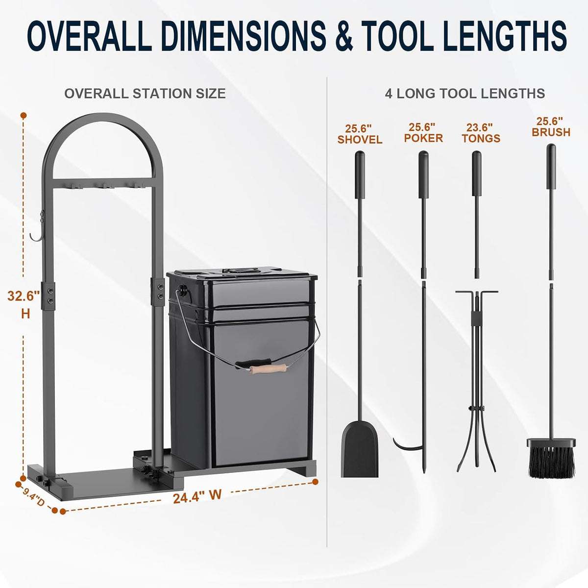 FUQUN 8-Piece Fireplace Tool Set with Stand and 7.2-Gallon Ash Bucket