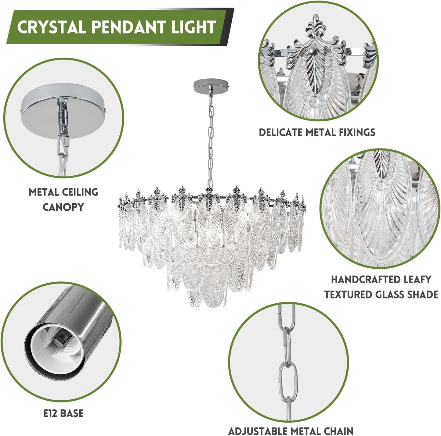 KELUOLY Modern Large Chandeliers, 4-Layer Chrome Crystal Glass Chandelier, 12 Light Round Antique Pendant Light, 31.5 inches Adjustable