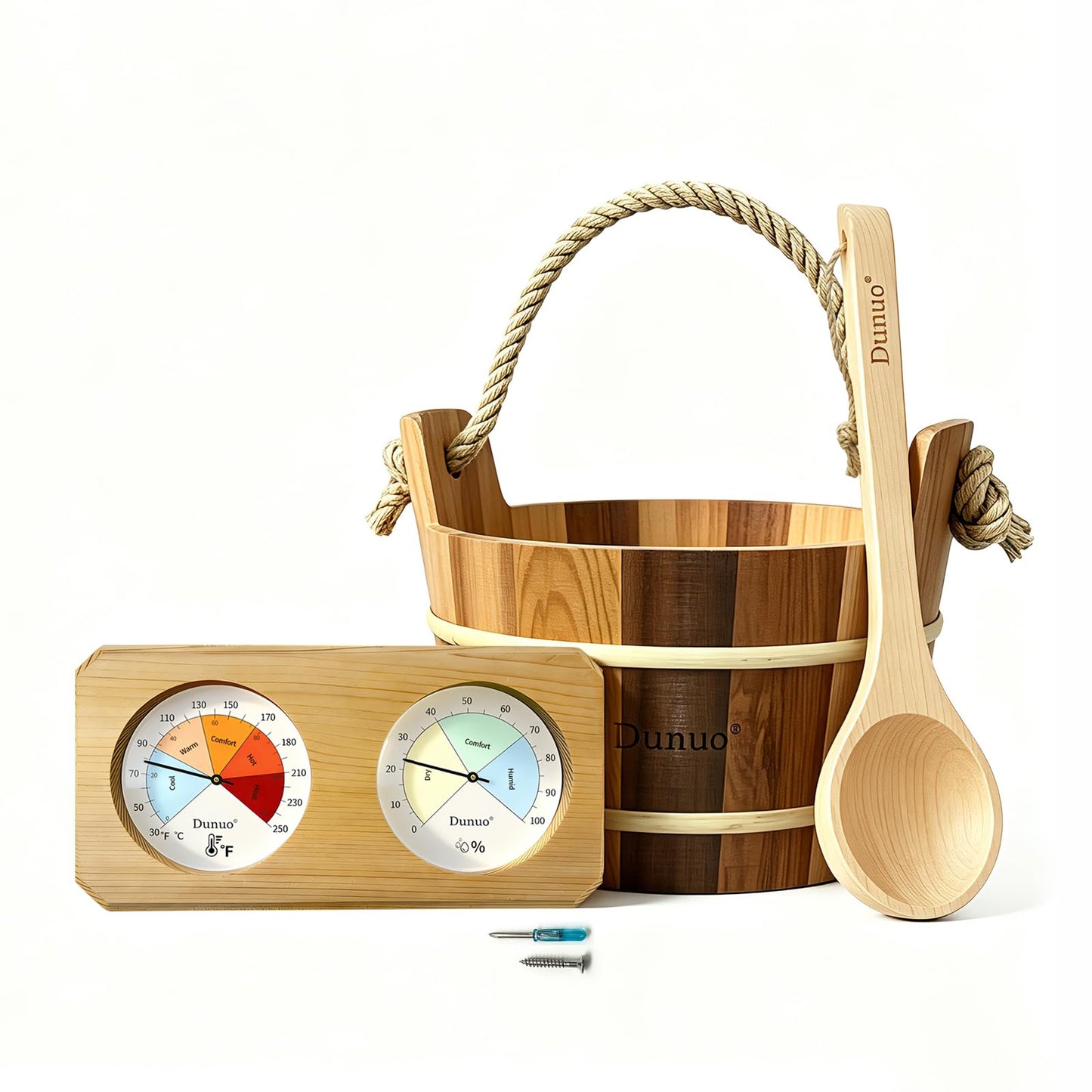 Canadian Red Cedar 3PCS Sauna Accessory Kit, Bucket & Ladle with 2-in-1 Thermometer Hygrometer, 1 Gallon (4L), Dual Scale for Home Sauna