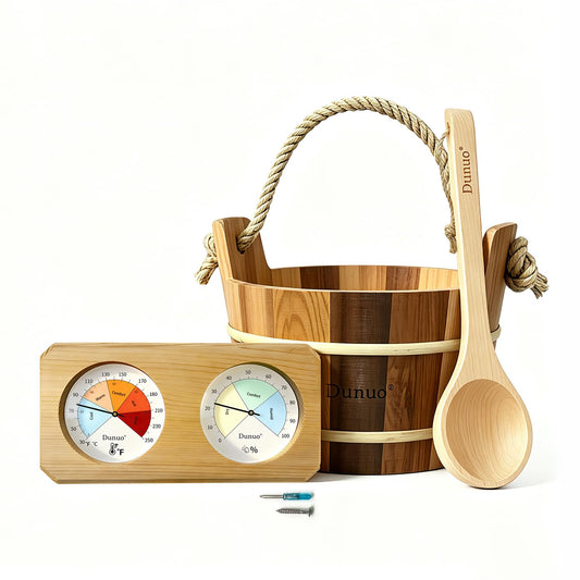 Canadian Red Cedar 3PCS Sauna Accessory Kit, Bucket & Ladle with 2-in-1 Thermometer Hygrometer, 1 Gallon (4L), Dual Scale for Home Sauna