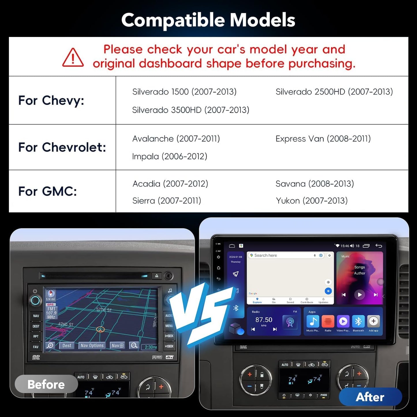 Android 13 Car Radio Stereo for Chevy Silverado 2007-2013 GMC Sierra Yukon, 8Core 4+64GB Head Unit 10.2" Plug and Play, Support CarPlay & Android Auto, FM/AM 10.2'' QLED TOUCHSCREEN