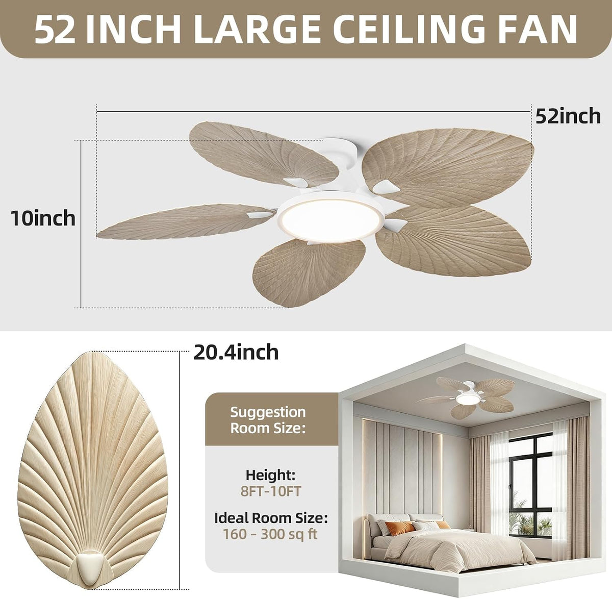52 Inch Boho Palm Leaf Flush Mount Ceiling Fan with Light and Remote White Motor, Natural Wood Finish Blades, Quiet DC Motor, Dimmable LED, Low Profile Hugger for Bedroom & Patio