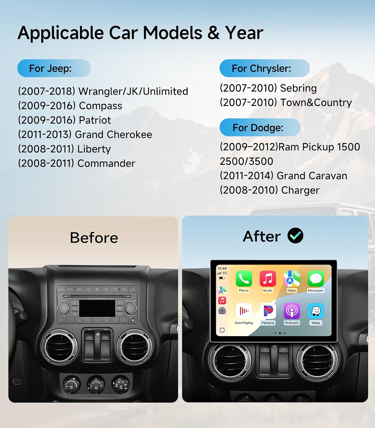 11.5 Inch 8-Core Car Stereo Radio for Jeep Wrangler JK, Compass, Grand Cherokee, Dodge Ram, Support Wireless CarPlay & Android Auto, 5G WiFi, HD Touchscreen, GPS Navigation, HD Backup Camera