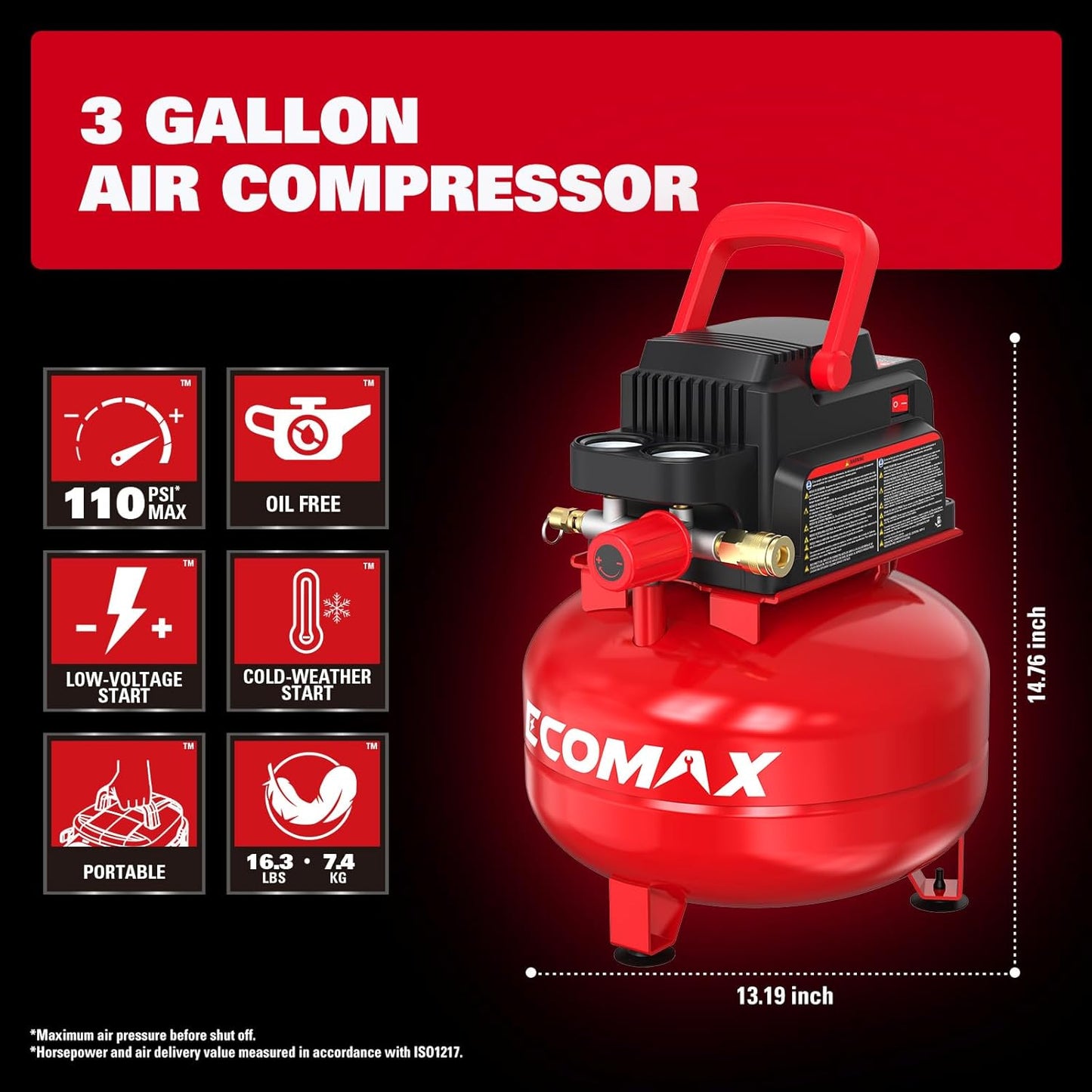 Air Compressor 3 Gallon Portable Pancake Tank Oil-free, 125 PSI MAX Pressure and 1/3 HP for Car and Bike Tires, Nail Gun, etc.