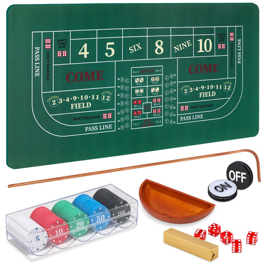 Craps Tabletop Game Set with 35 * 70" Rubber Craps Tabletop Layout Mat, 36" Rattan Stick, Casino Grade 19mm Dice, On/Off Button and 100 pcs Chips Craps Game Layout for Party Green