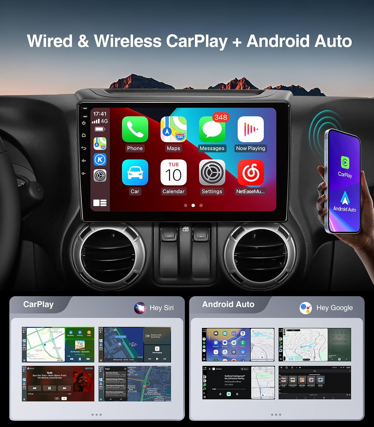 10" Android 13 Car Stereo for Jeep Wrangler JK (2007-2018) & Dodge Ram 1500 2500 3500 (2009-2012) - 8-Core Wireless CarPlay Android Auto Head Unit, QLED 1280x720, Bluetooth, 1080P Camera 10-Inch-Full Screen