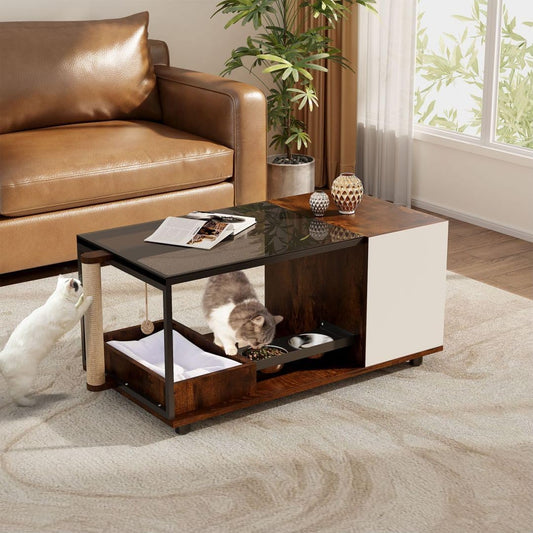 Glass Coffee Table with Cat Scratching&nbsp;Post,Wooden Coffee Table with Cat Condo,Small Coffee Tables for Living Room,Rustic Coffe