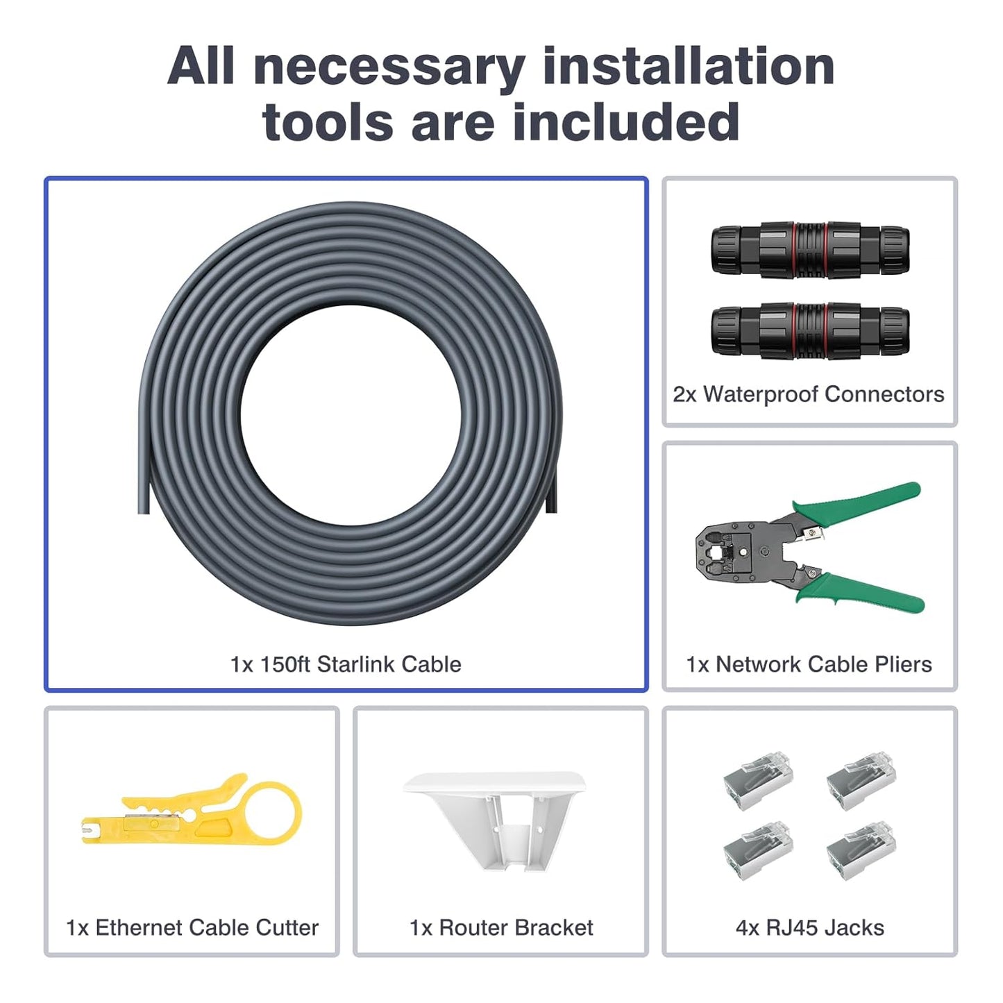 Starlink Cable 150ft Extension to 225ft, Replacement Cable ; Repair Kit with Starlink Router Mount, IP68 Waterproof, Support 1000M Protocol