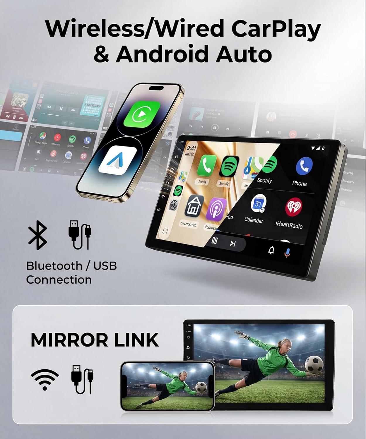 Car Stereo for Chevrolet Silverado/GMC Yukon 2007-2014 with Wireless CarPlay Android Auto, 4G+64G 10” Touchscreen Car Radio Mirror Link GPS WiFi Bluetooth FM RDS EQ SWC