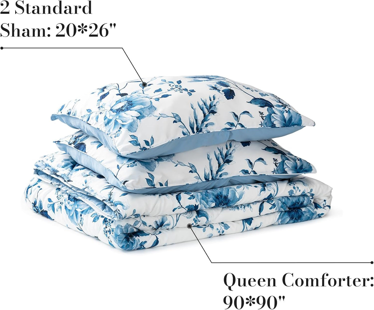 Amlie Home Queen Size Down Alternative Comforter Sets for All Seasons, Full Size Quilt, Garden Floral Farmhouse, 1 Comforter and 2 Pillow Shams, Blue