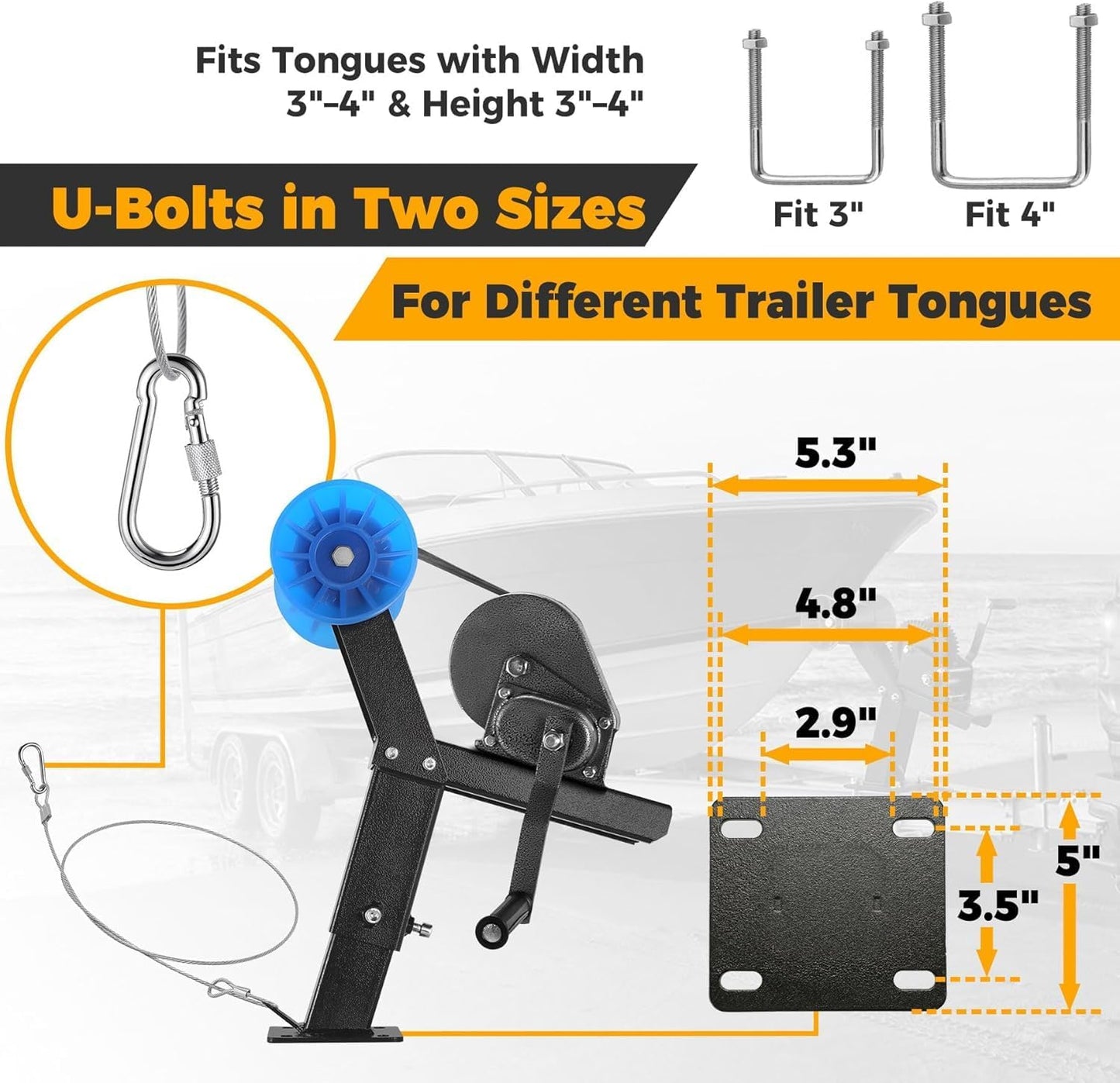 Adjustable Boat Trailer Winch Stand with 1200LB Winch & Roller | Boat Trailer Winch Mount Fits 3" W x 4" H Trailer Drawbar, for Fishing Boats & Motorboats (with Winch & Roller) with 1200LB Winch & Roller 1