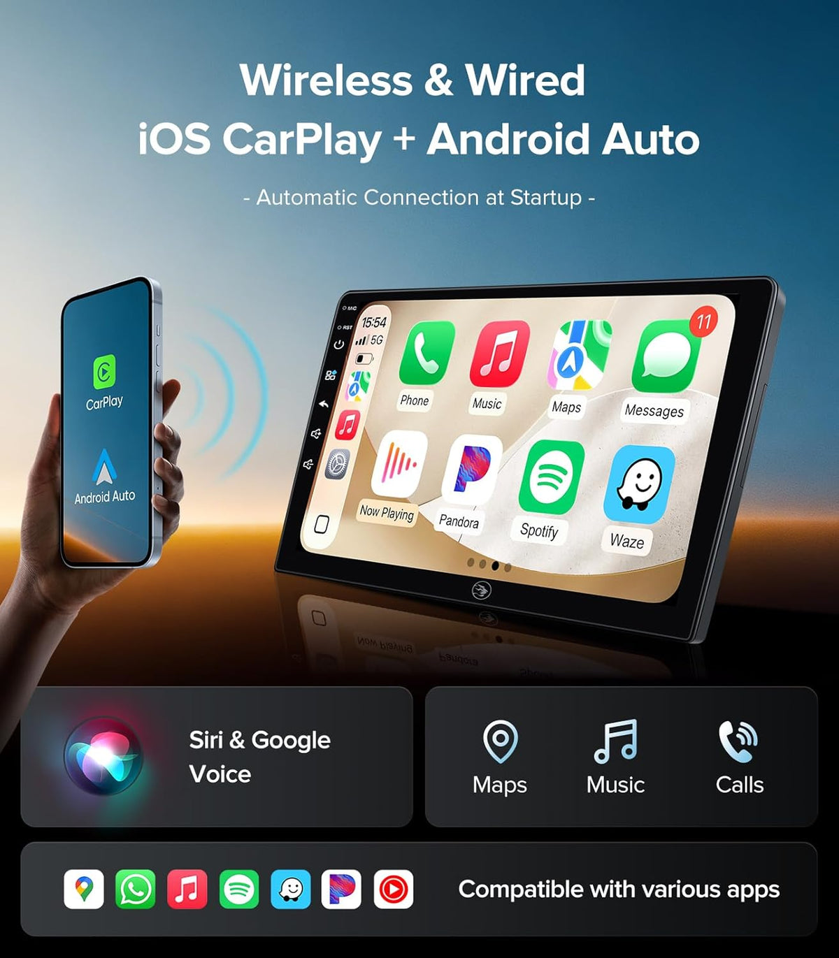 Carplay Radio for 06-12 Dodge Ram 1500/2500/3500 & 05-08 Durango | 07-18 Jeep Wrangler,4G+64G,Wireless CarPlay Android Auto Mirroring,Android 13,BT 5.4,FM/AM,GPS,AUX,1080P Cam, Retain OEM SWC