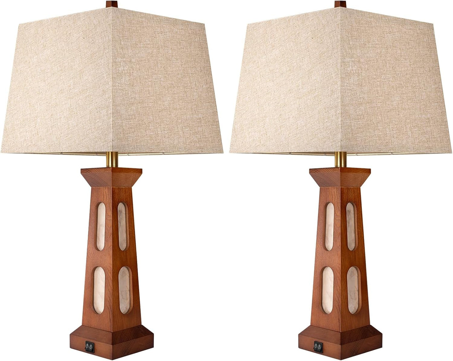 Scenekoy 28" Wooden Traditional Table Lamps Set of 2 for Living Room Office | Night Light, Square Linen Shade, USB C+A Charging Ports, LED Bulb Included, Bedside Lamp, Bedroom Table Lamp, Nightstand
