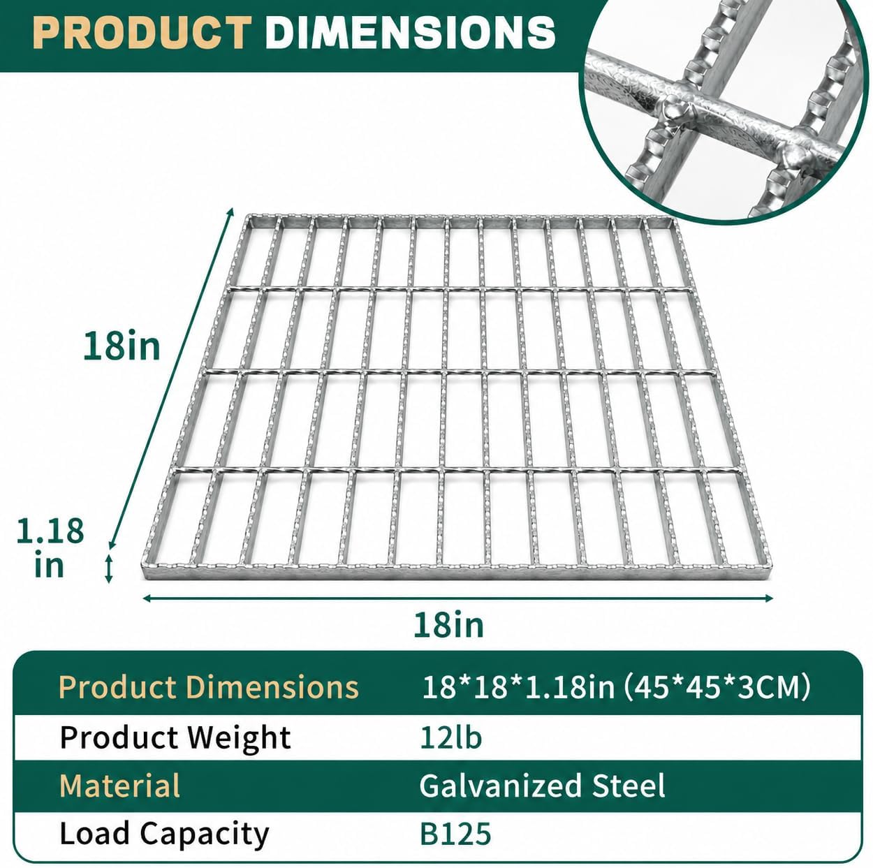 Galvanized Steel Drain Grate 18 in, Serrated Steel Bar Grating with B125 Load Capacity, Anti-Slip Metal Catch Basin Grate for Driveway, Garage, Patio, Yard, Factory, and Outdoor Drainage 17.7inch