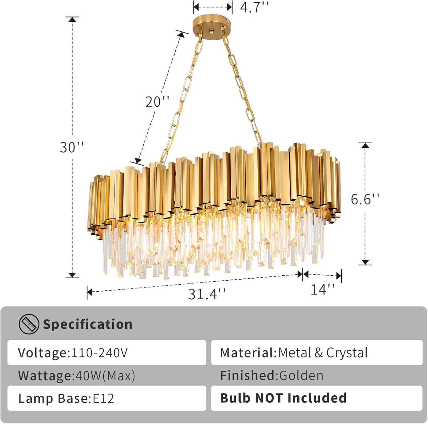 Fitsai Modern Crystal Chandelier Lighting 8 Lights Pendant Lights Fixture Island Chandeliers Ceiling Rectangle Chandelier for Dining Room Living Room