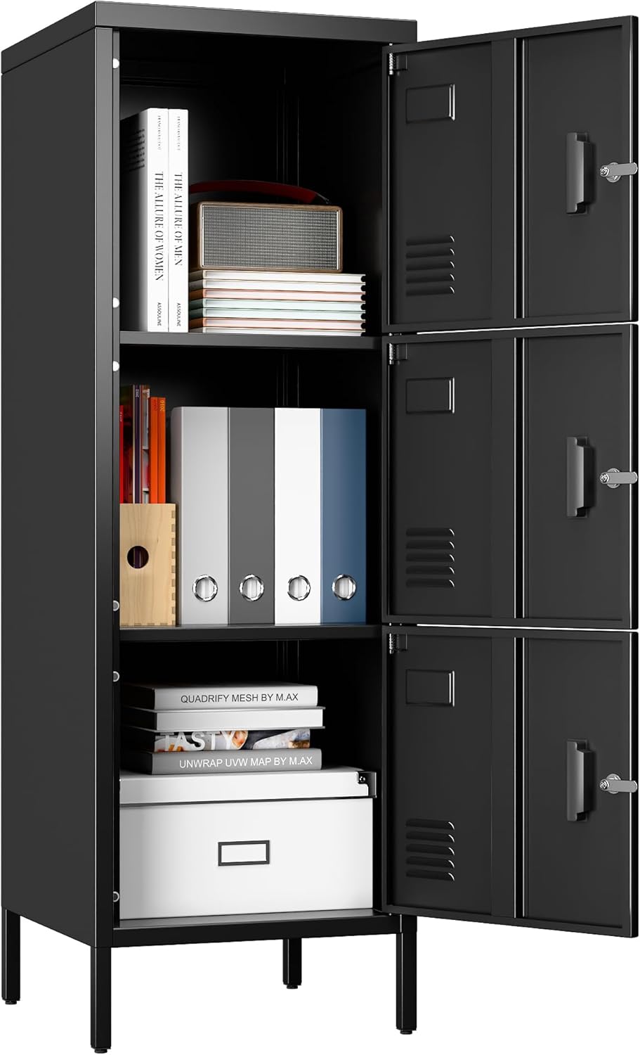 Metal Locker with Ventilation Holes, Metal Storage Cabinet with Lock and Card Slot for Home,School, Office, Garage,47.3" H x 15.8" W x 15.8" D,Assembly Required,Black Black 47.3"-3 Doors