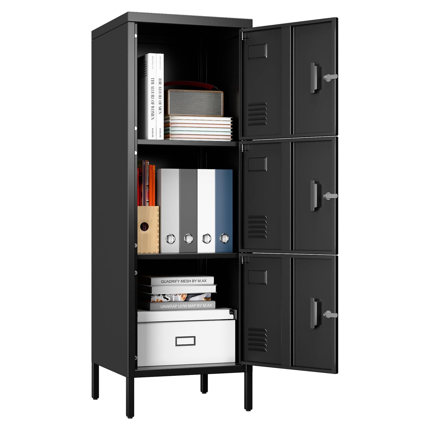 Metal Locker with Ventilation Holes, Metal Storage Cabinet with Lock and Card Slot for Home,School, Office, Garage,47.3" H x 15.8" W x 15.8" D,Assembly Required,Black Black 47.3"-3 Doors
