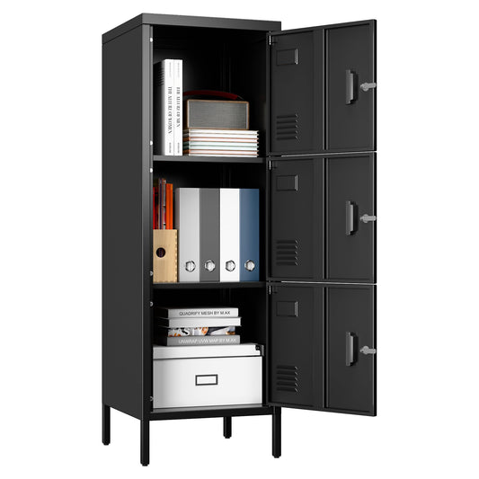 Metal Locker with Ventilation Holes, Metal Storage Cabinet with Lock and Card Slot for Home,School, Office, Garage,47.3" H x 15.8" W x 15.8" D,Assembly Required,Black Black 47.3"-3 Doors