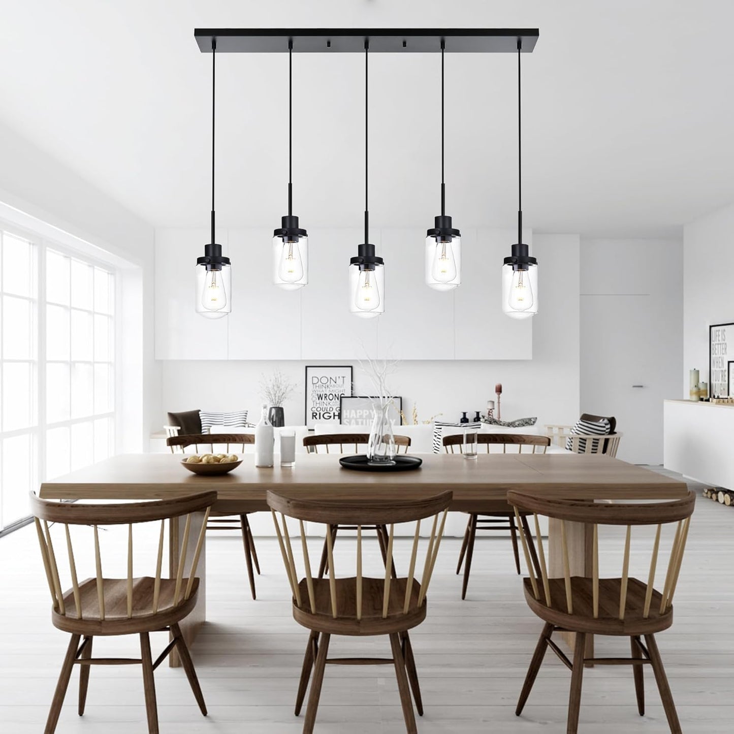 5-Light Dining Room Light Fixtures Hanging Linear Chandeliers for Dining Room, Farmhouse Black with Glass Shades