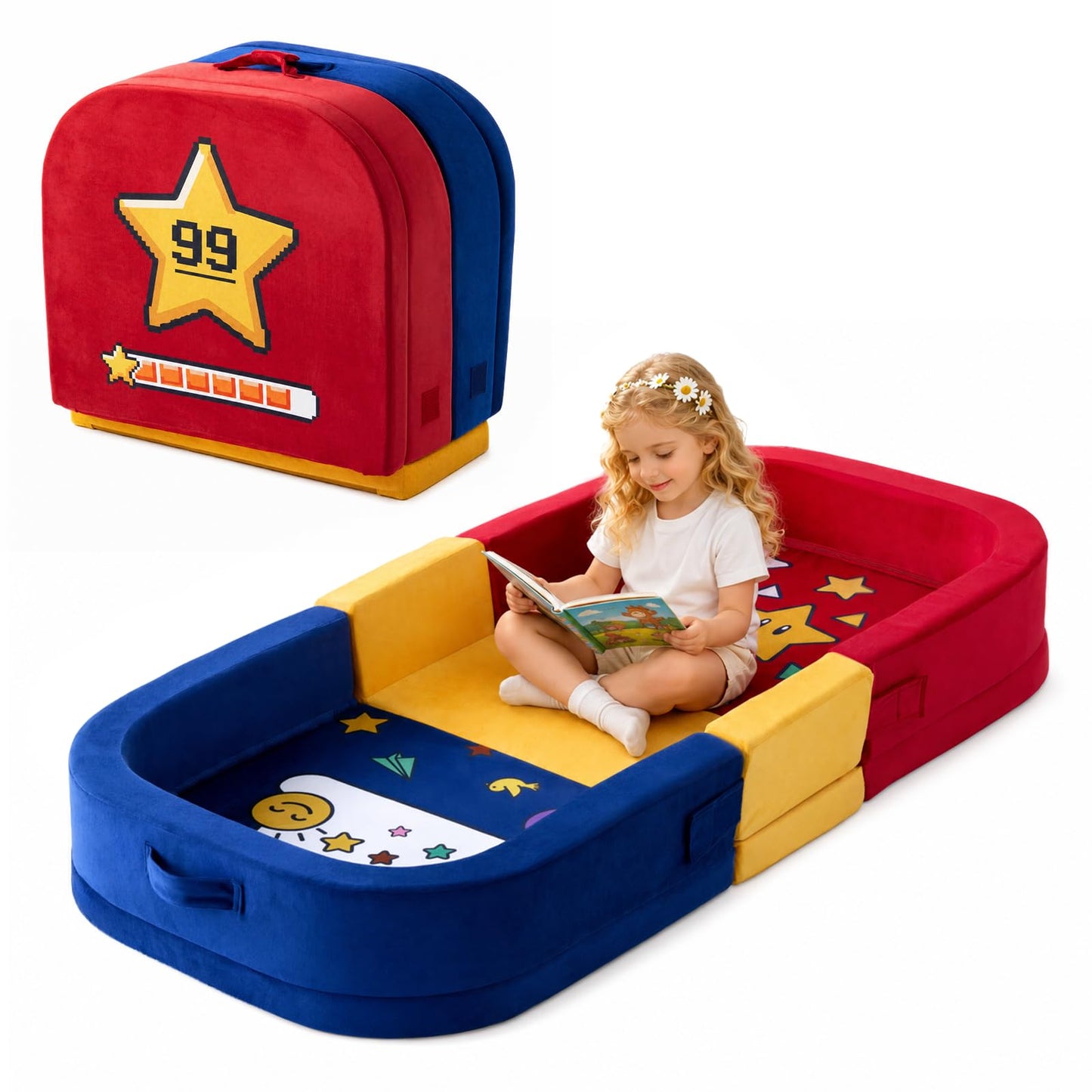 Toddler Travel Bed Foldable Portable Floor Bed Soft Foam 23'' | Built-in Safety Rails, No Assembly, Washable Cover, Comfortable Mattress for Travel, Home Use for Kids Ages 15 to 72 Months Red Blue 54''x23''x7''