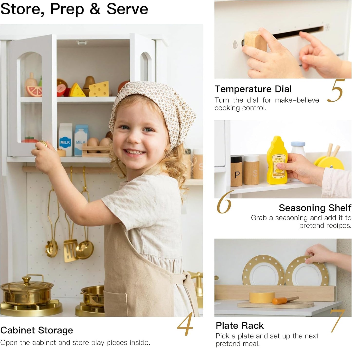 Wooden Play Kitchen for Kids with Extra Storage & Accessories, Kids Kitchen Playset, Pretend Play Toy Kitchen Set, Gift for Kids Ages 3+