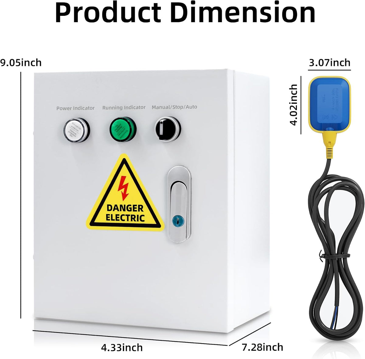 220V Single Phase Pump Control Box with Float Switch, 50/60Hz, Manual/Auto Start Stop Water Level Controller, Metal Enclosure with Key Lock, Power/Run Indicators, Fits 2HP Pumps (3m Float Cable)