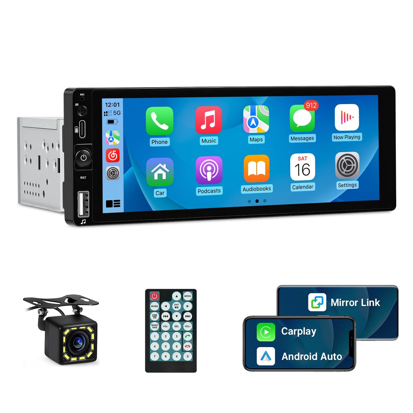 6.86" Car Stereo Single Din Car Radio with Apple Carplay & Android Auto | Wired Mirror Link, Bluetooth 5.1, IPS Touchscreen, HD Night Vision Backup Camera, FM Radio, EQ, SWC,USB&Type-C Fast Charging