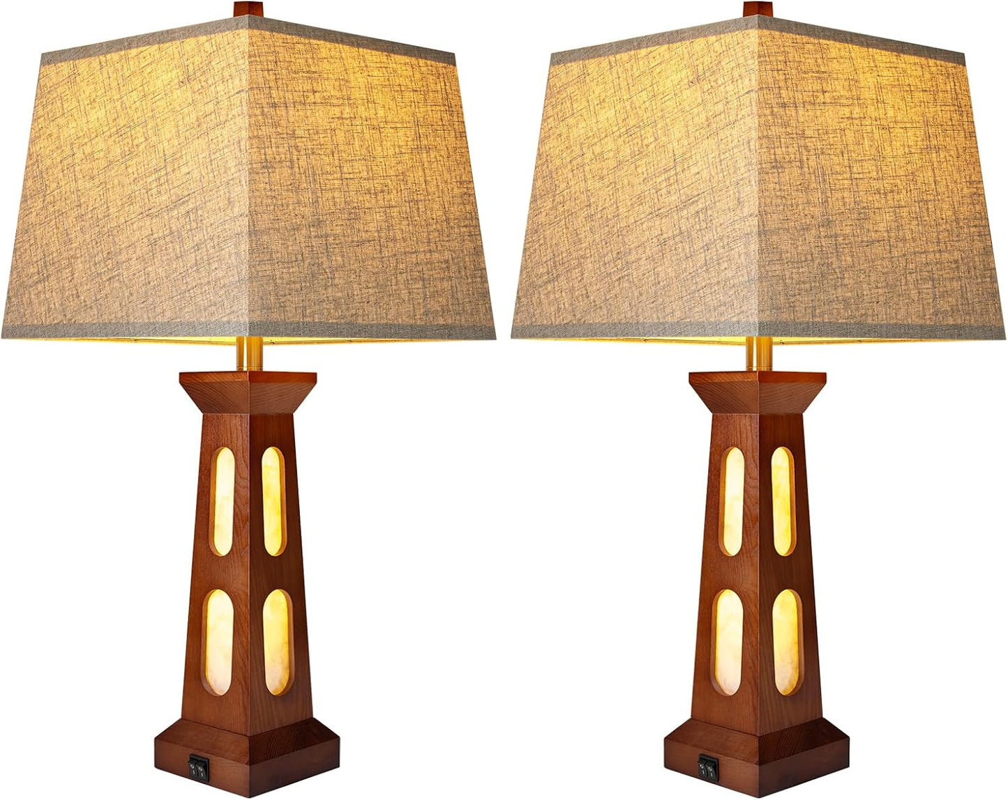 Scenekoy 28" Wooden Traditional Table Lamps Set of 2 for Living Room Office | Night Light, Square Linen Shade, USB C+A Charging Ports, LED Bulb Included, Bedside Lamp, Bedroom Table Lamp, Nightstand