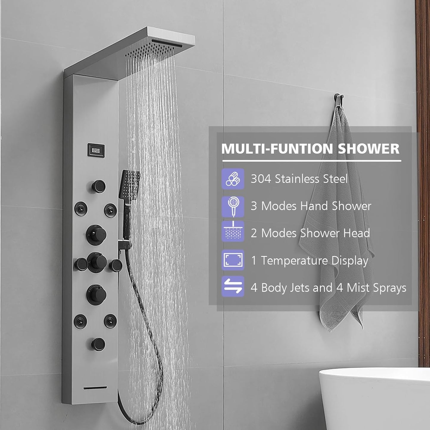 BWE Shower Panel Tower System with Body Jets Rainfall Waterfall Shower Head 6 IN 1 Stainless Steel Brushed Nickel Shower Panel with Tub Spout