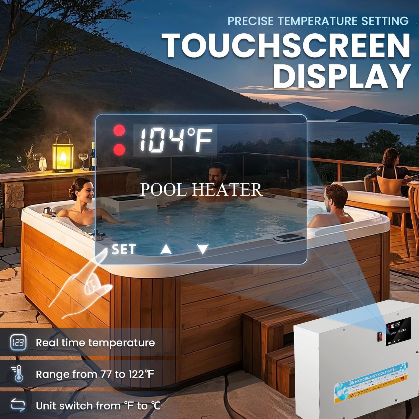 Pool Heater 5.5KW 220V, Electric Swimming Pool Heaters Hot Tub Water Thermostat with Touchscreen for Above Ground Inground Pool, Spa, Bathtub PHS-55