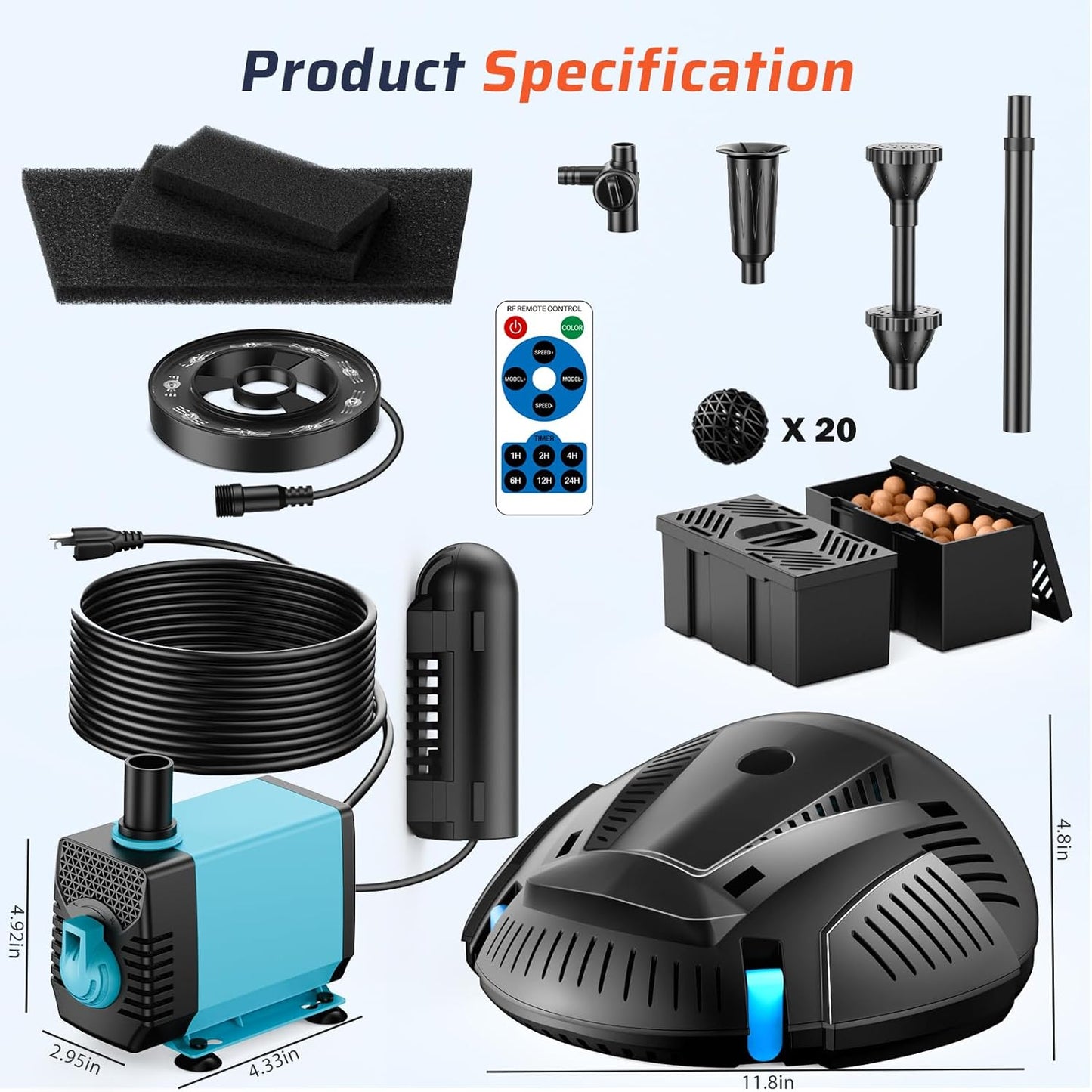 Antfraer Pond Filter with U-V Clarifier, 660GPH Pond Pump and Filter Kit & RGB LED Lights, All-in-One Submersible Pond Fountain for Outdoor Ponds, Koi Ponds, Water Gardens with Remote Control With Remote RGB Lights