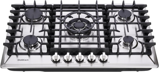 30 Inch Gas Cooktop DT5703 Built-in Stainless Steel 5 Burners Gas Stovetop LPG/NG Convertible Dual Fuel Gas Hob