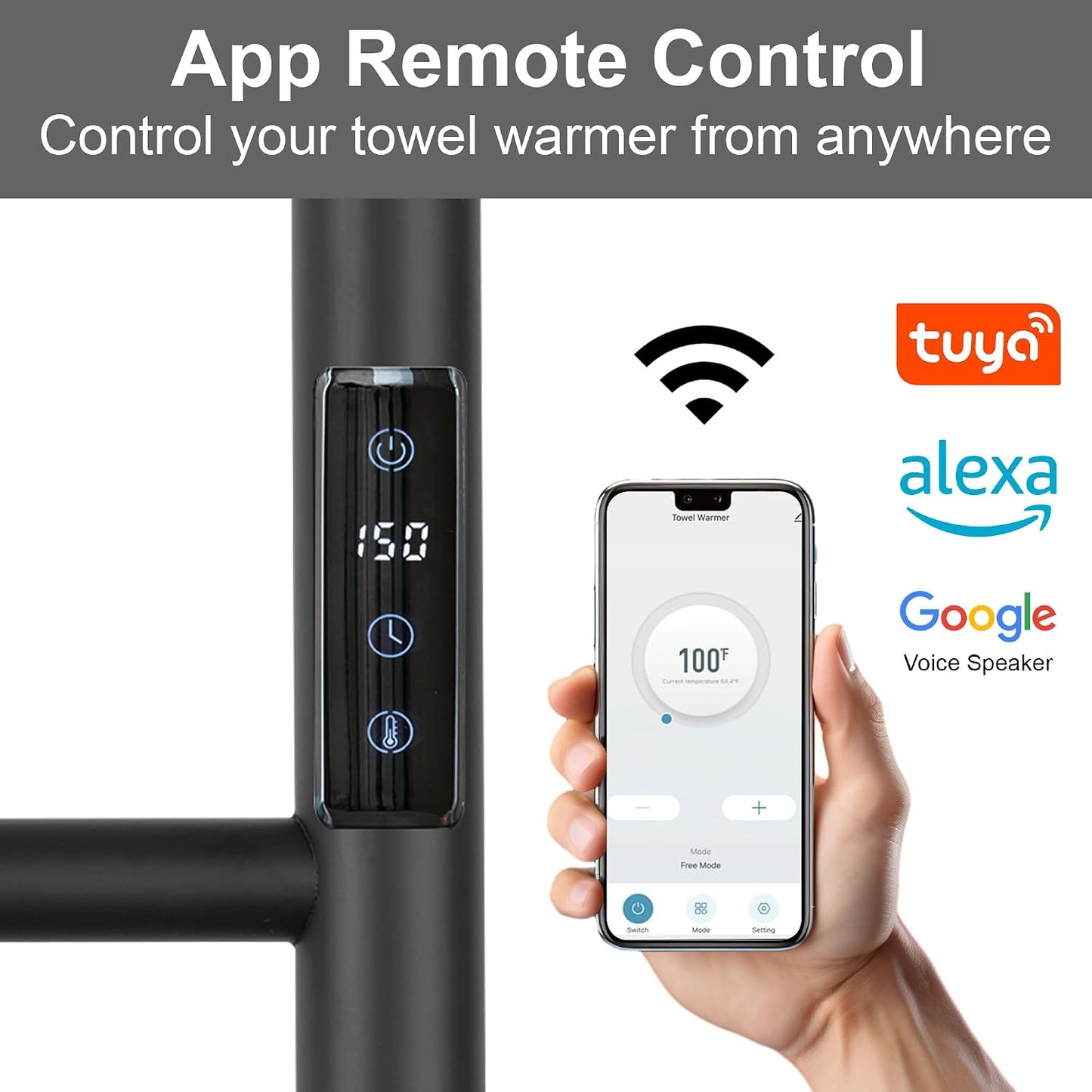 Electric Towel Rack with Voice Control for Alexa & Google Home,TUYA-Wall-Mounted Bathroom Heating Towel Warmer,Stainless Steel Material,31.5x20.08x4.41in,Plug-in,Black,10 Bars 10 Bar Black With Wifi