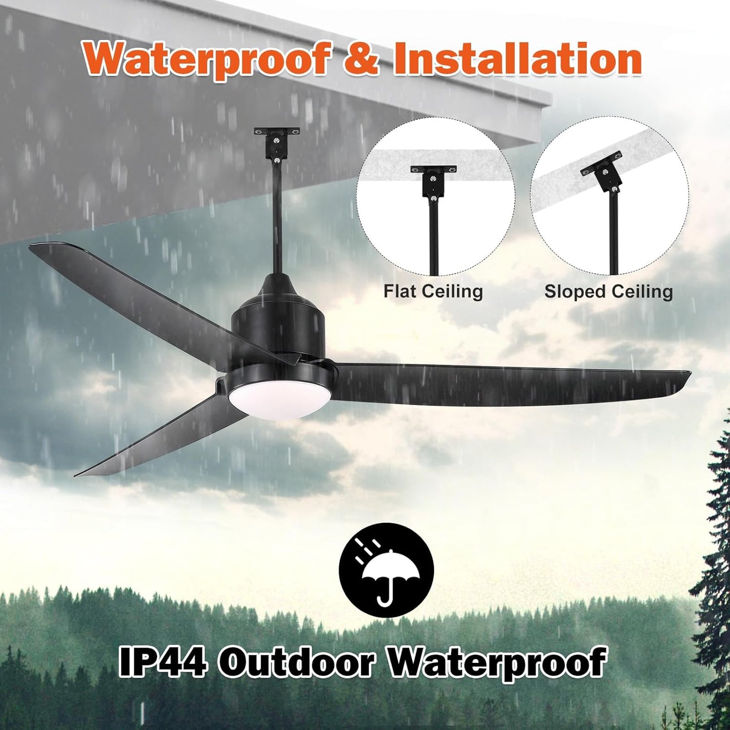 Waterproof Outdoor Ceiling-Fan with Light - 52&#34; Modern Ceiling Fans with 3 Colors LED Light, App & Remote Control, Quiet DC Motor, for Patios