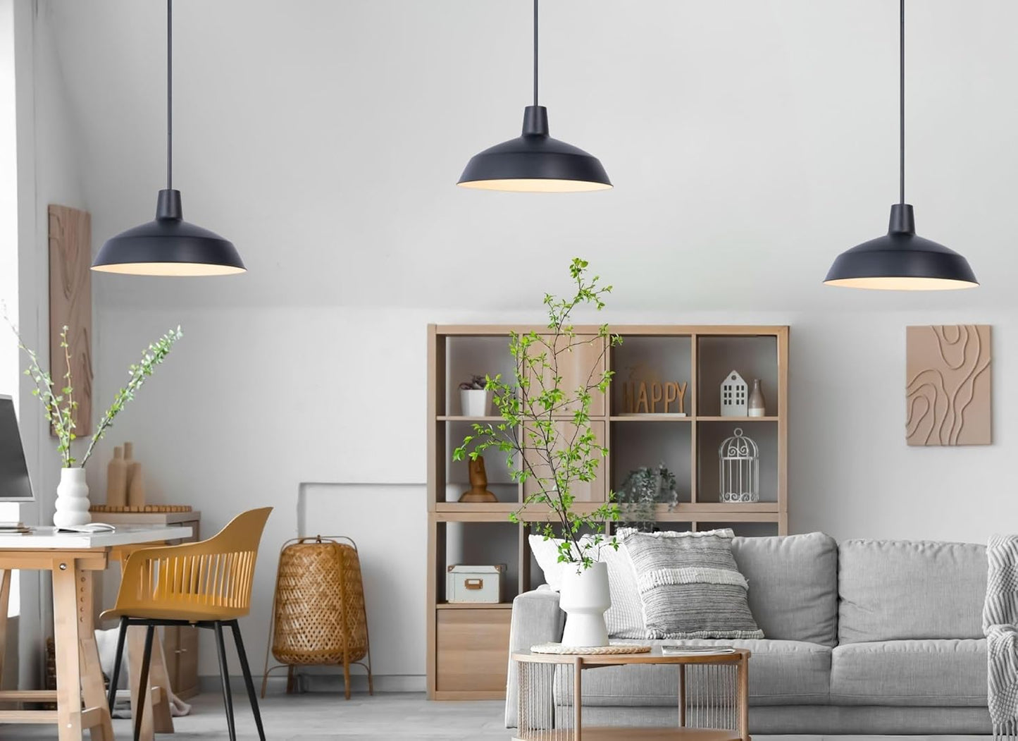 3 Pack Modern Black Kitchen Island Pendant Light 16 inches Metal Shade White inside Finish Gold Accent,Multiple Stems Rods Adjustable Hanging Height Ceiling Lamp E26 for Dining Room Hallway