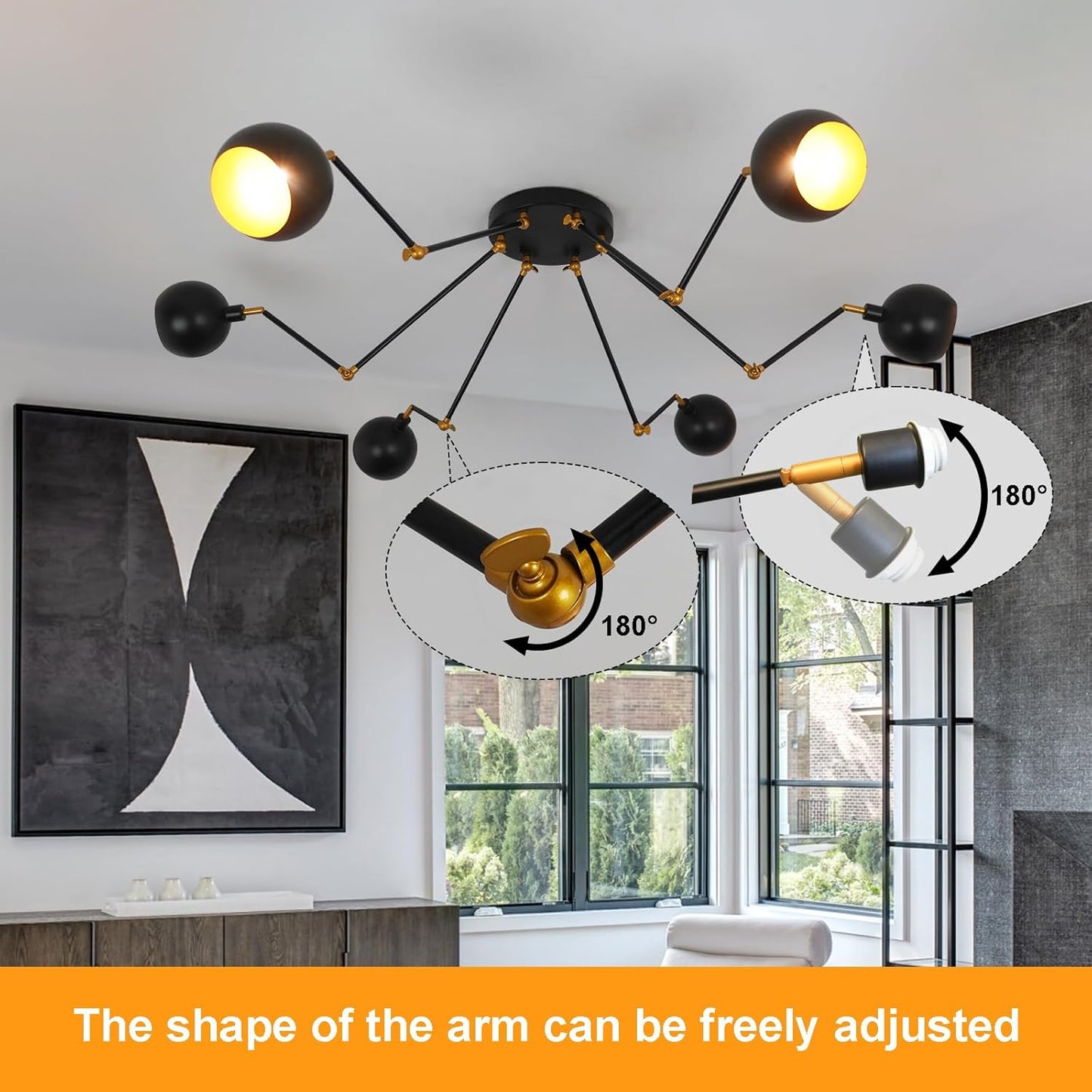 TANIN Modern Sputnik Chandelier 6-Light Semi Flush Mount Ceiling Lights Fixture, Octopus Design Black Indoor Lighting with 180Adjustable Arm