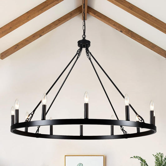 38' Large Wagon Wheel Chandelier 12 Light Black Farmhouse Chandelier for Dining Room Chandelier Country Rustic Candle