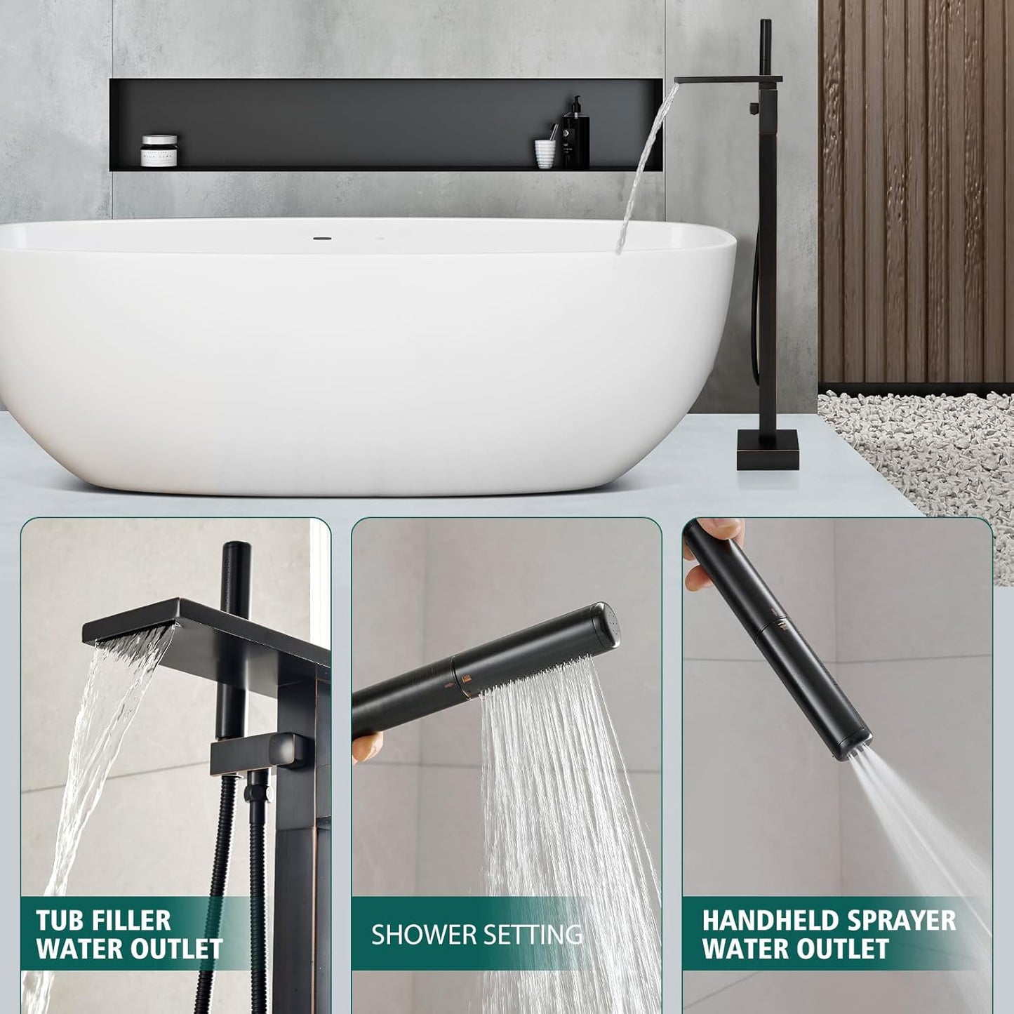 Hoimpro Freestanding Bathtub Faucet Waterfall Tub Filler Oil Rubbed Bronze Floor Mount Free Standing Brass Single Handle B