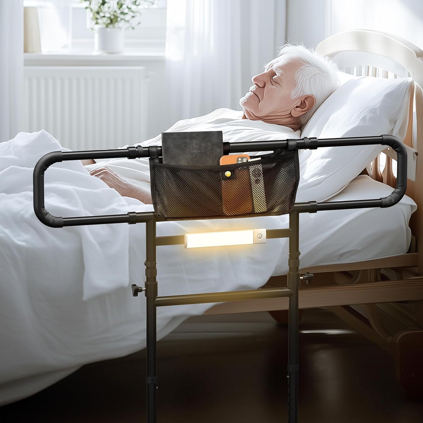 Bed Rails for Elderly Adults Safety-Adjustable Heights&Extendable Bed Side Rail with Leg,Storage Pocket,Motion Sensor Light,Foldable Bed Assist Grab