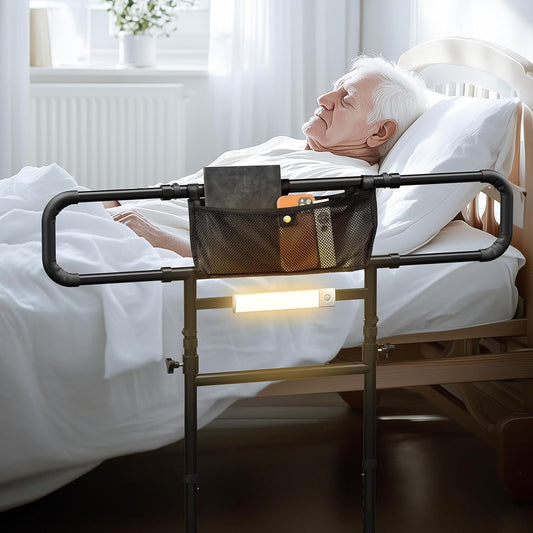 Bed Rails for Elderly Adults Safety-Adjustable Heights&Extendable Bed Side Rail with Leg,Storage Pocket,Motion Sensor Light,Foldable Bed Assist Grab