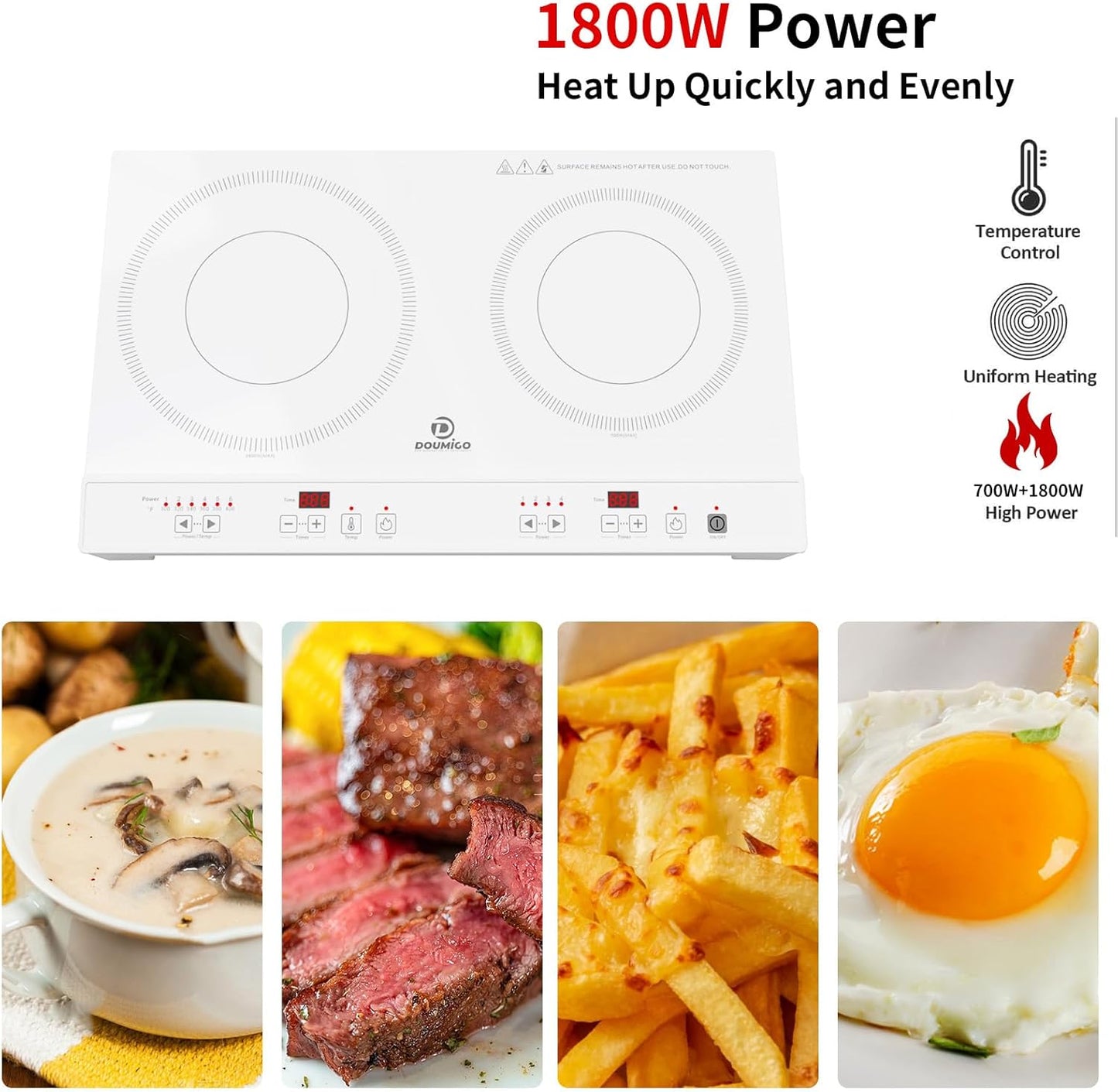 Doumigo Double Induction Cooktop, Portable Electric Stove with 2 Burners, 120V, 1800W, 12 Inches, Temperature Control, Kid Safety Lock, Timer