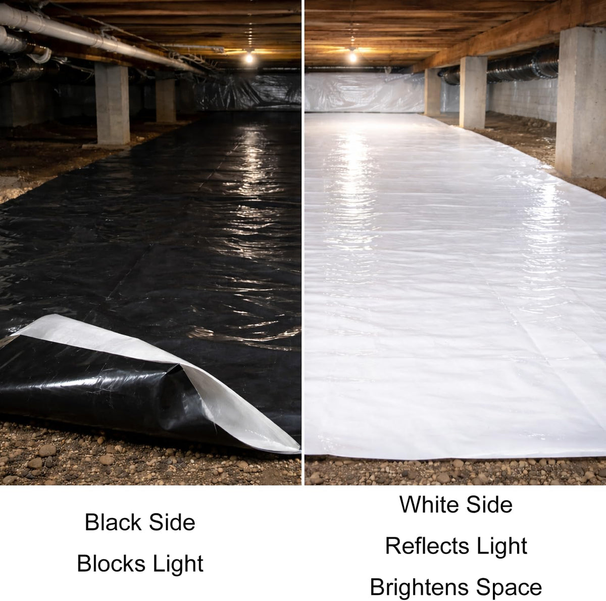 Crawl Space Vapor Barrier Kit 10 ft x 100 ft, 10 Mil Thick Plastic Sheeting with 2 in x 65 ft Sealing Tape, Black & White Poly Film for Crawlspace Encapsulation & Ground Moisture Control