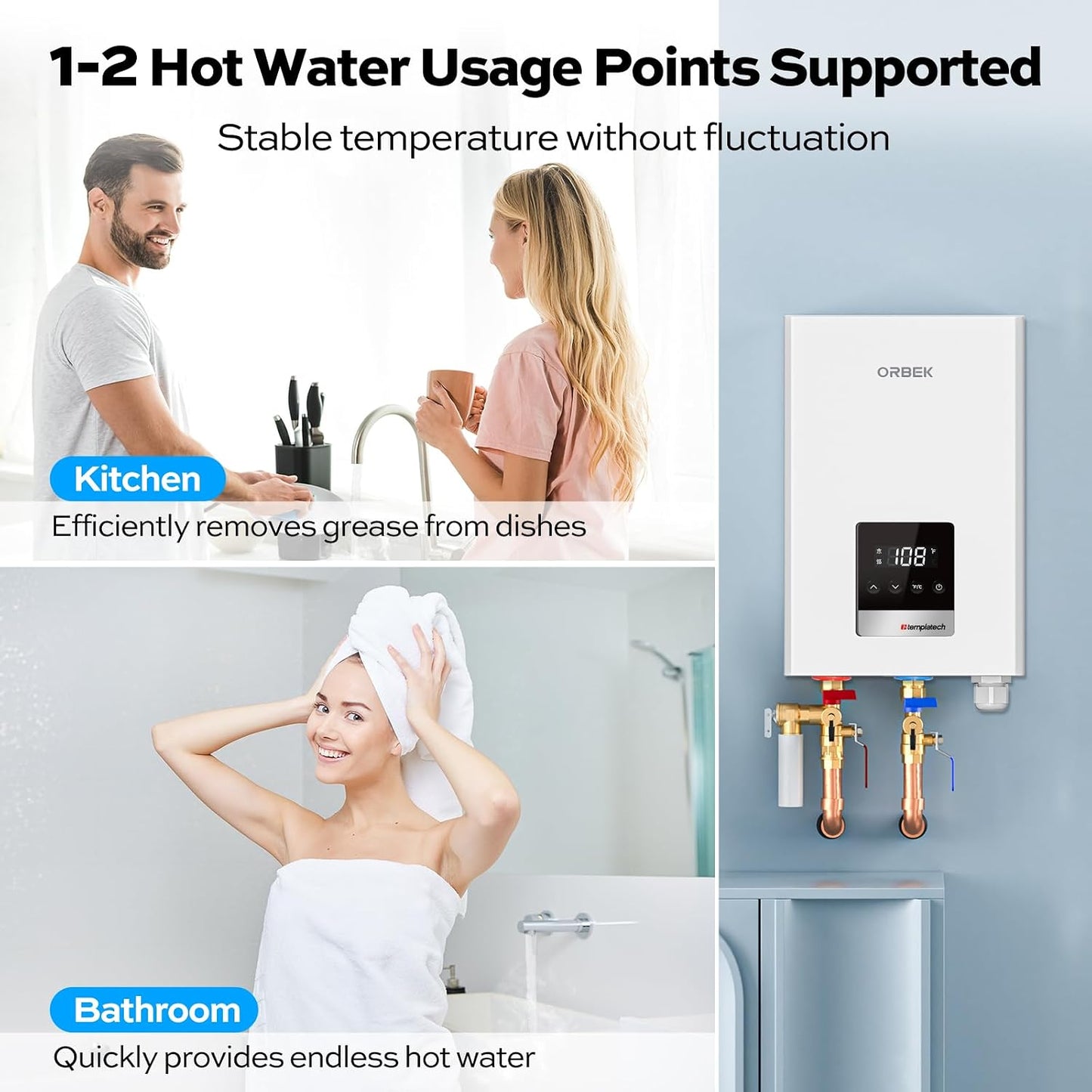Orbek 14kw Tankless Water Heater Electric 240v，Max 3.38GPM, On Demand Water Heater Electric for shower 2-3 point of use M-14