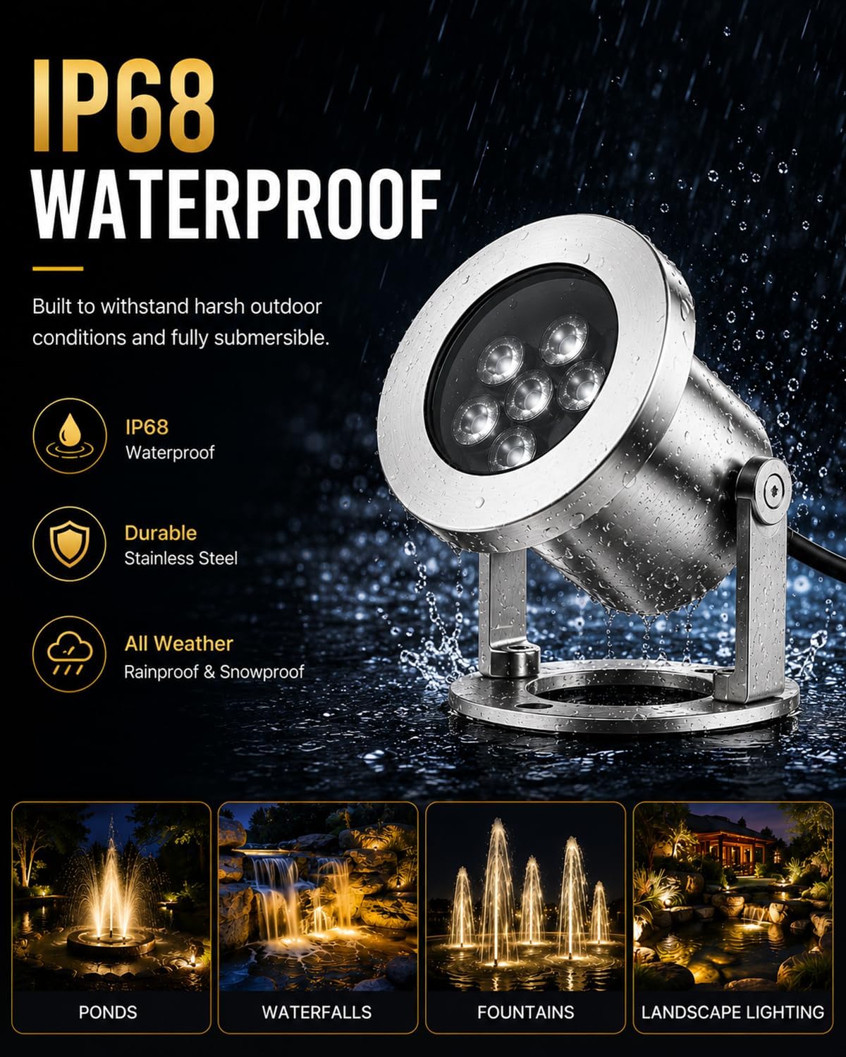 LED Pond Lights with Dual Remote Control, 6W SS316 Black RGB Underwater Fountain Light, IP68 Waterproof Submersible LED Lights for Pond Waterfall, Koi Fish Pond (2 Pack)